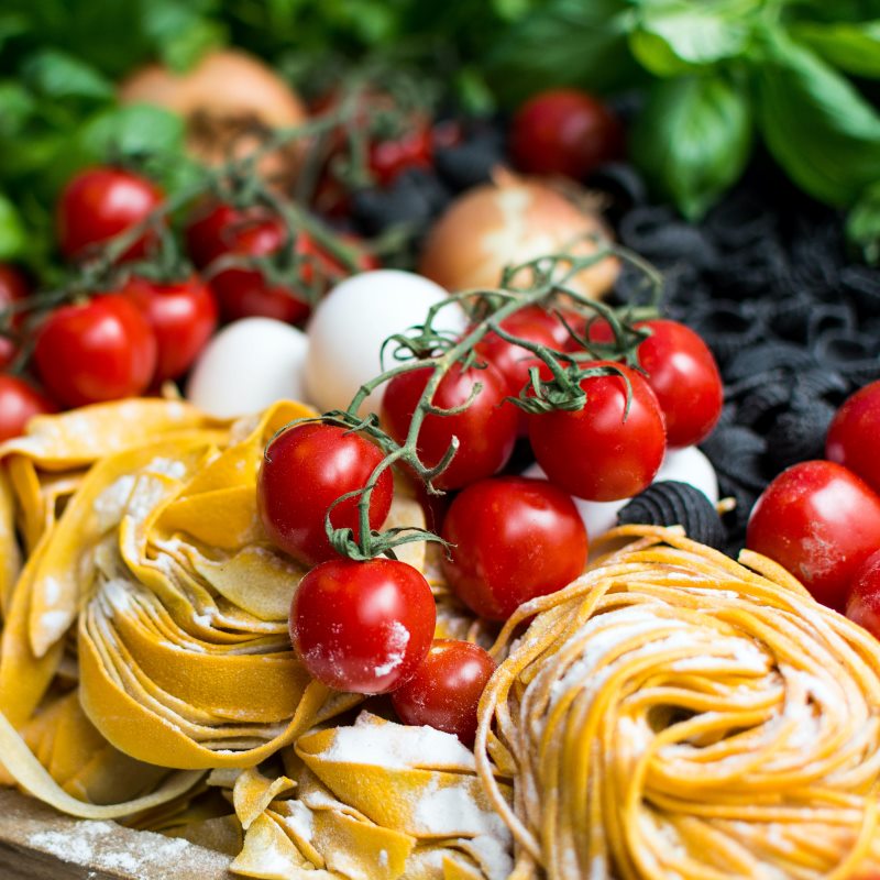 Pasta garnished with vibrant cherry tomatoes